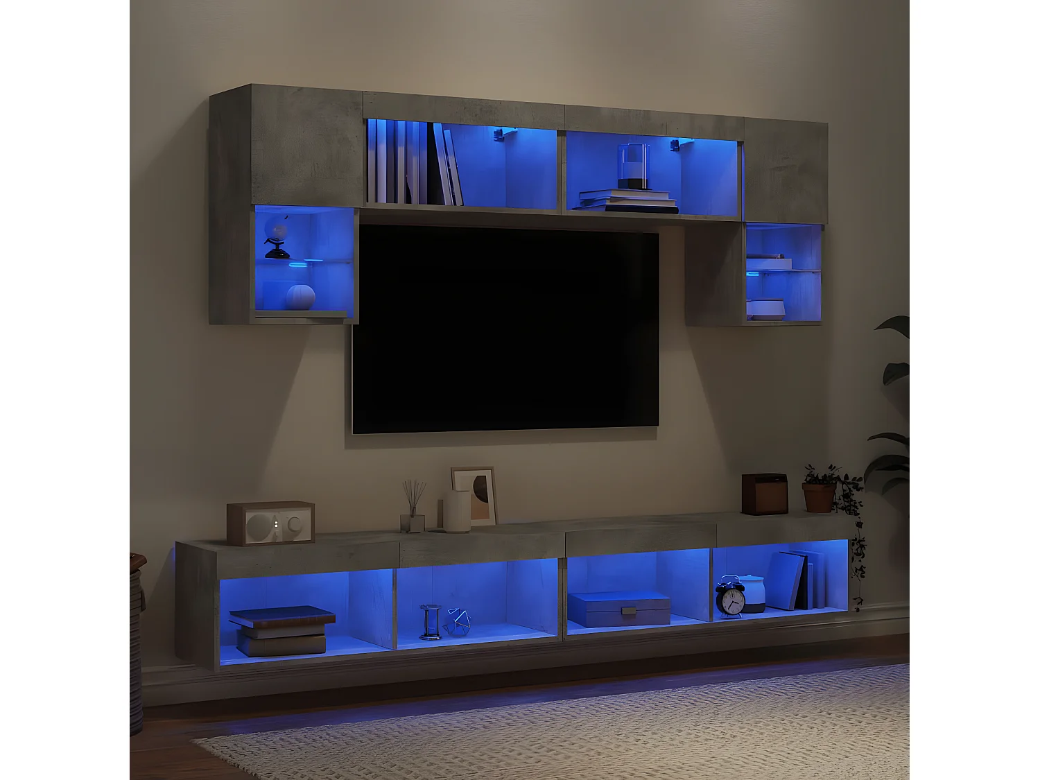 6 pcs móveis parede p/ TV c/ LEDs deriv. madeira cinza cimento PT165444