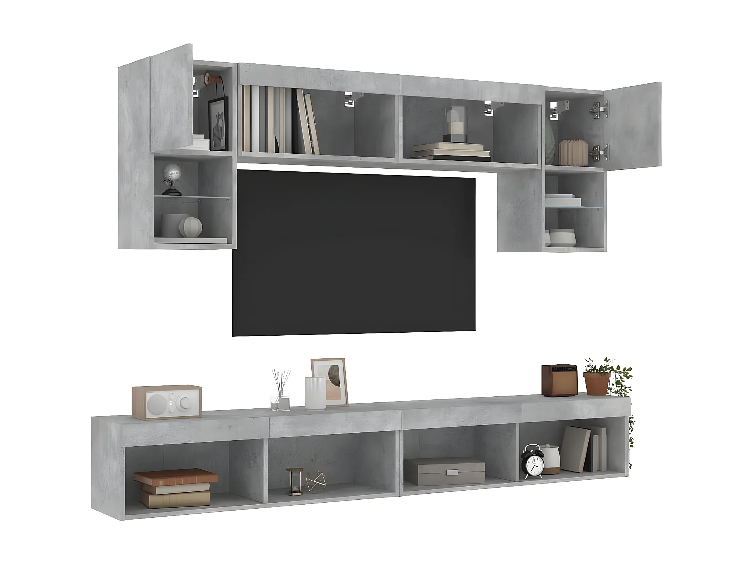 6 pcs móveis parede p/ TV c/ LEDs deriv. madeira cinza cimento PT165444