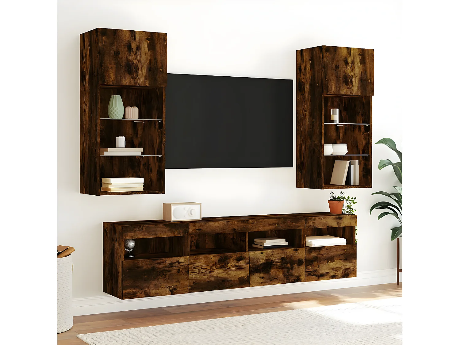 5pcs móveis parede p/ TV c/ LEDs deriv. madeira carvalho fumado PT222862