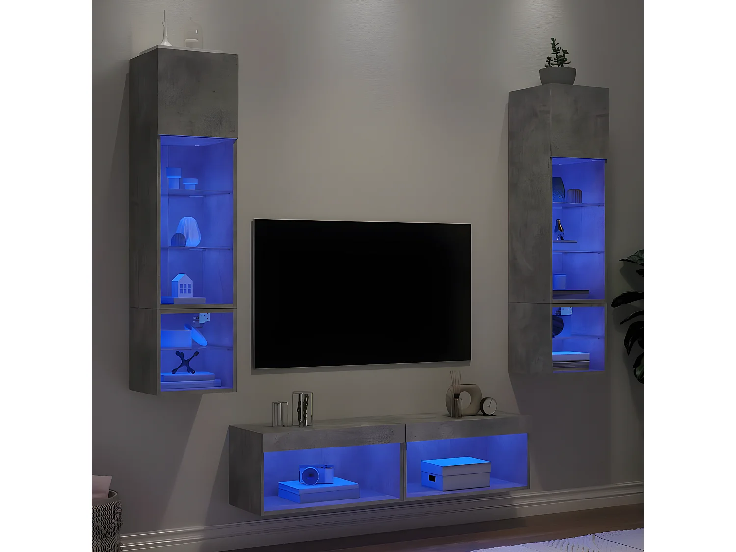 6 pcs móveis parede p/ TV c/ LEDs deriv. madeira cinza cimento PT778629