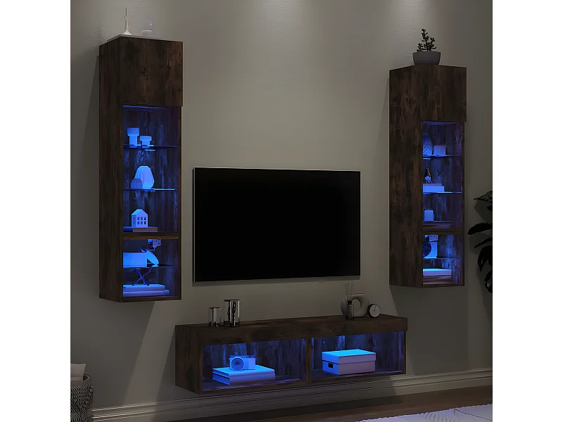Muebles TV pared con LED 6 pzas madera ingeniería roble ahumado ES69619