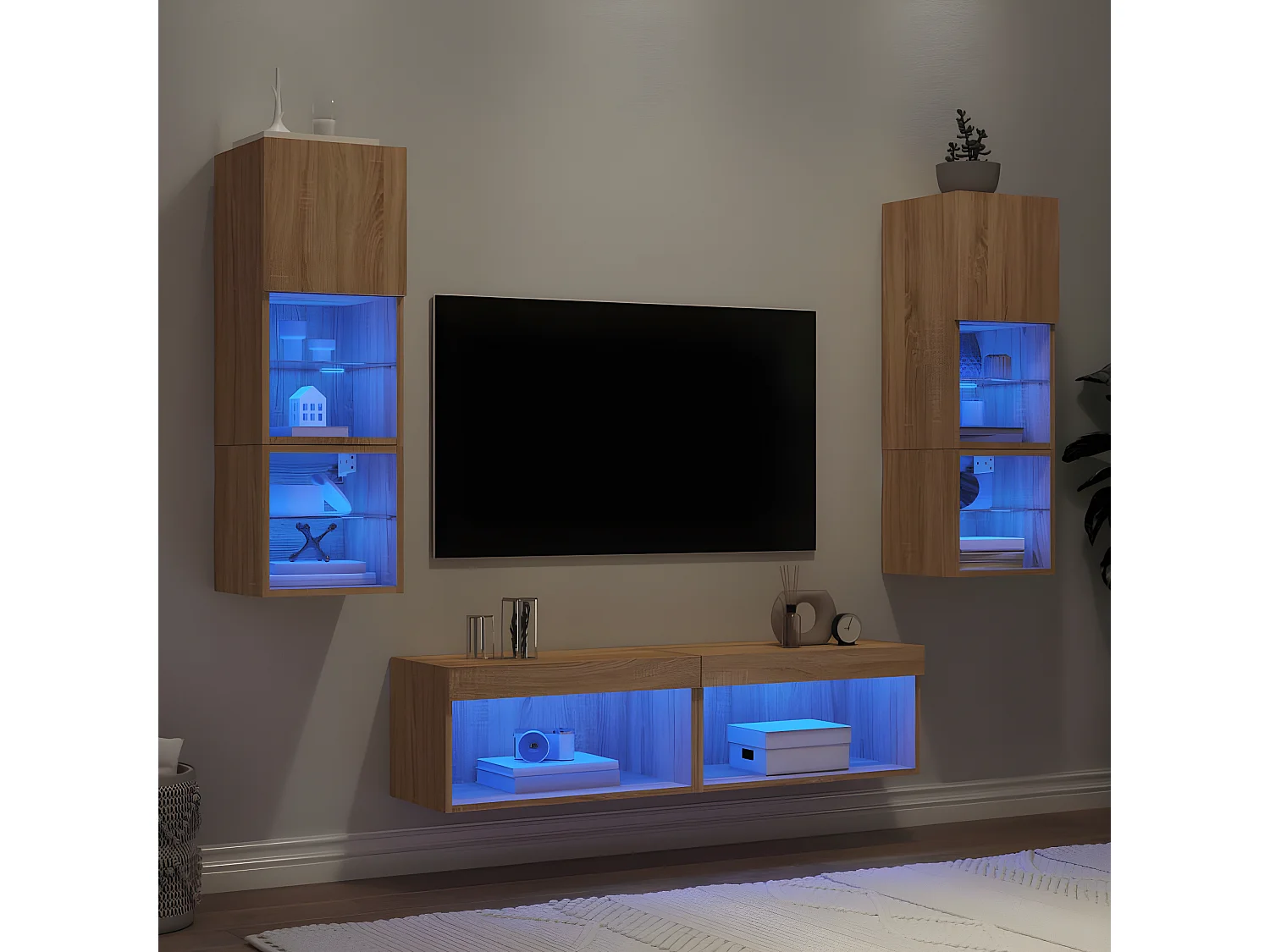 Muebles TV pared con LED 6 pzas madera ingeniería roble Sonoma ES16152