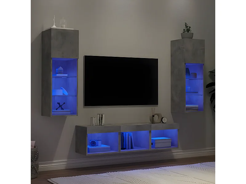 5 pcs móveis parede p/ TV c/ LEDs deriv. madeira cinza cimento PT153781