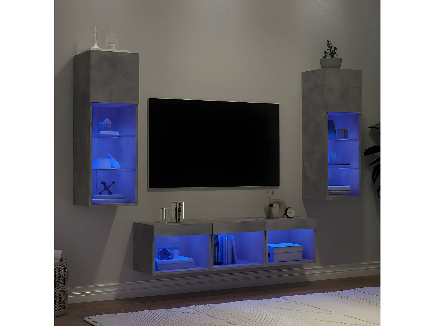 5 pcs móveis parede p/ TV c/ LEDs deriv. madeira cinza cimento PT153781