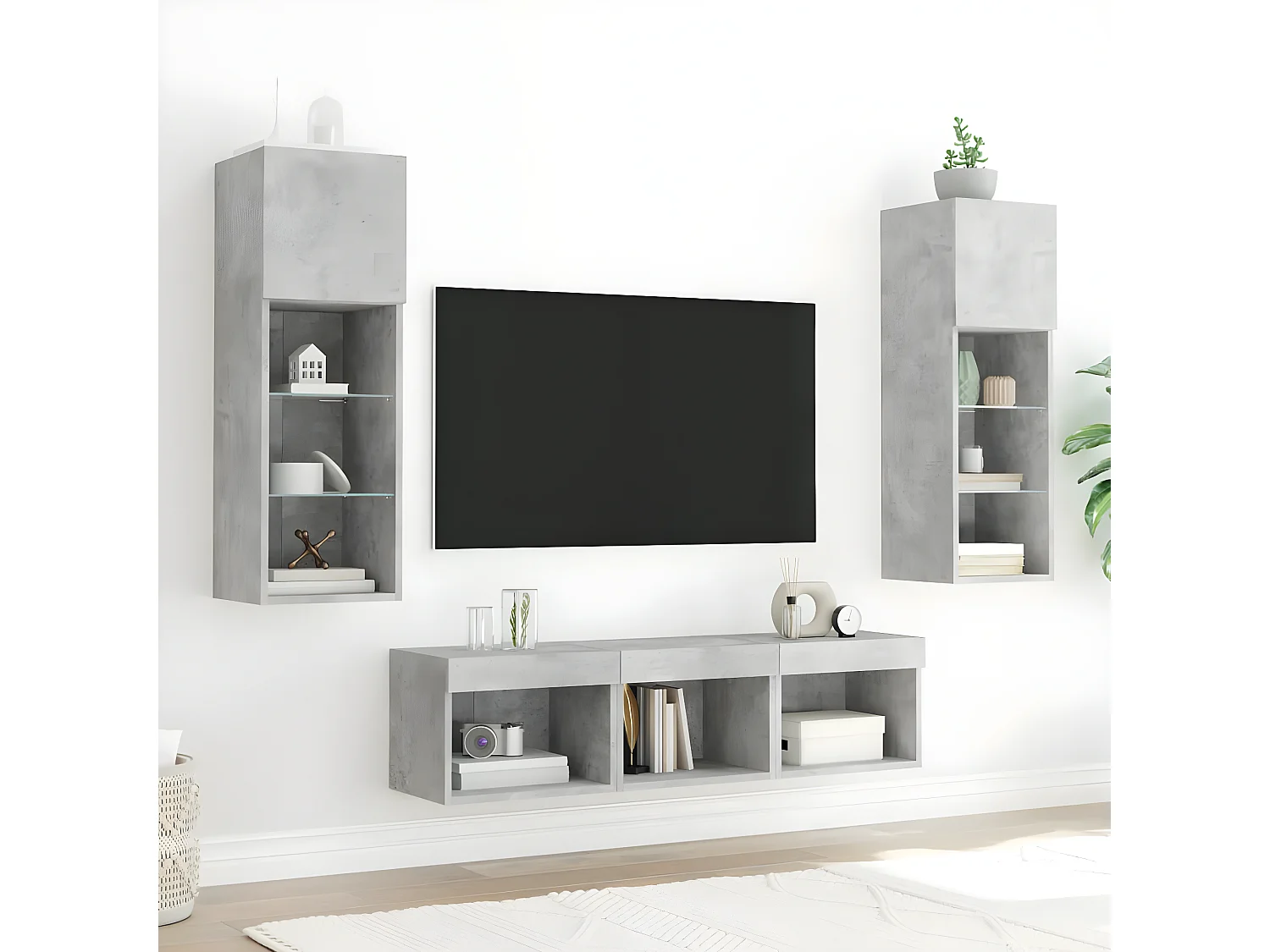5 pcs móveis parede p/ TV c/ LEDs deriv. madeira cinza cimento PT153781
