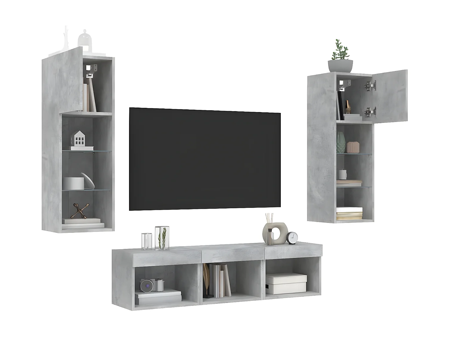 5 pcs móveis parede p/ TV c/ LEDs deriv. madeira cinza cimento PT153781