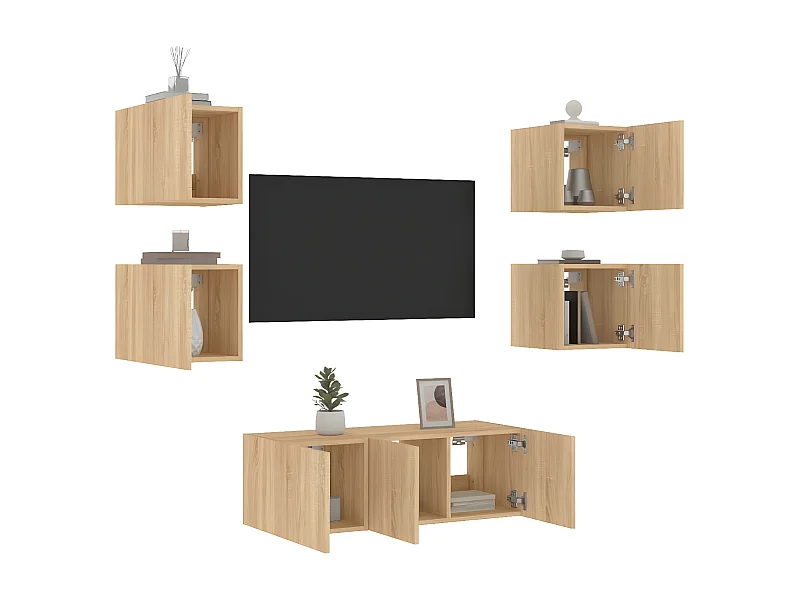 6-delige Tv-wandmeubelset met LED bewerkt hout sonoma eiken NL62794