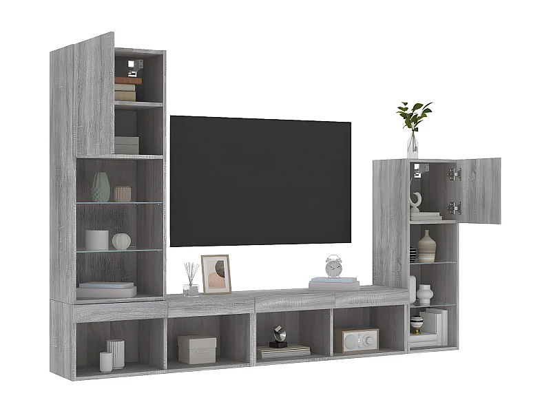 4 pcs móveis parede p/ TV c/ LEDs deriv. madeira cinza sonoma PT108021
