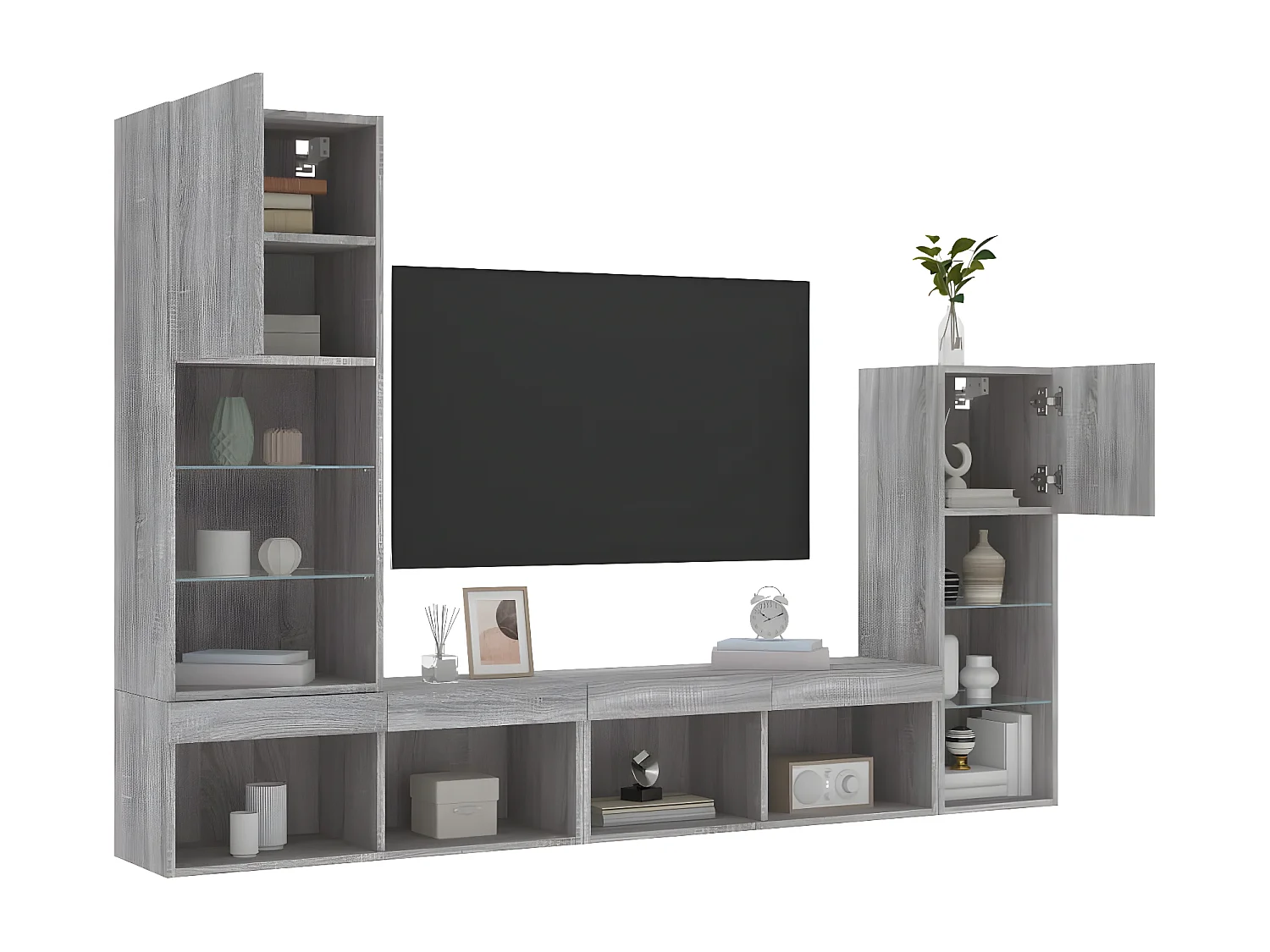 4 pcs móveis parede p/ TV c/ LEDs deriv. madeira cinza sonoma PT108021