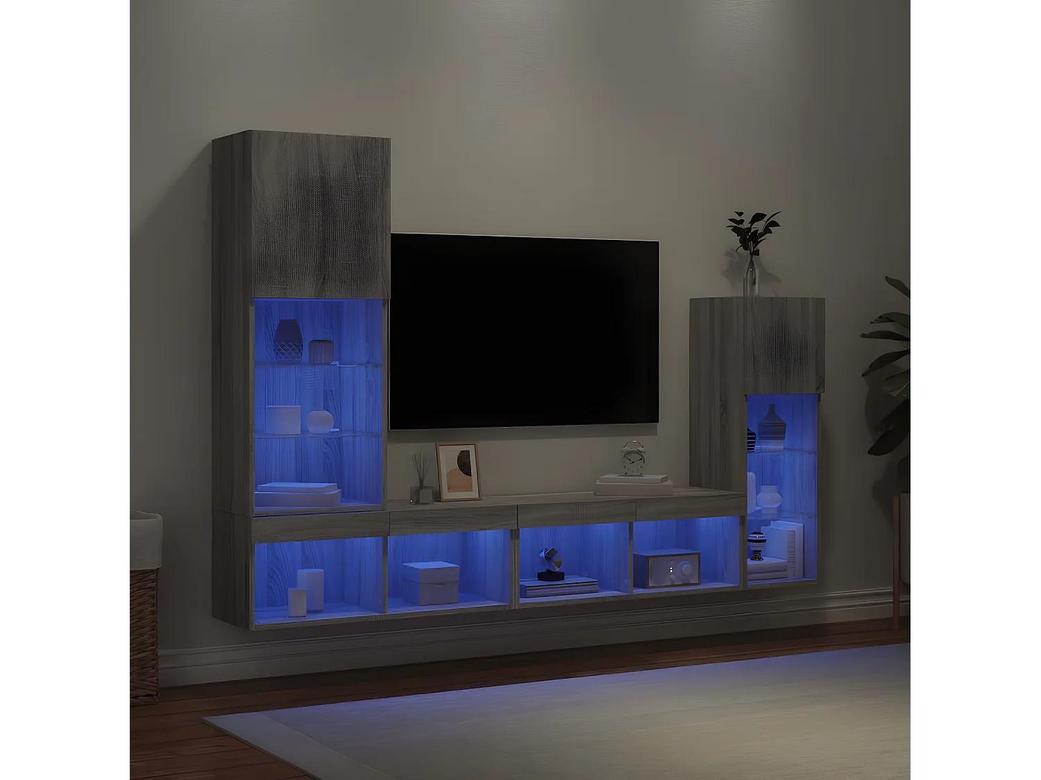 4 pcs móveis parede p/ TV c/ LEDs deriv. madeira cinza sonoma PT108021