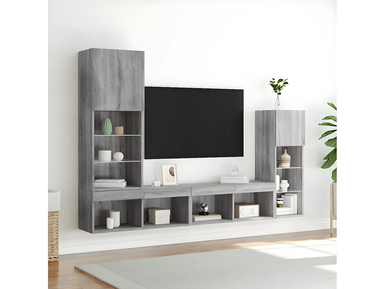 4 pcs móveis parede p/ TV c/ LEDs deriv. madeira cinza sonoma PT108021