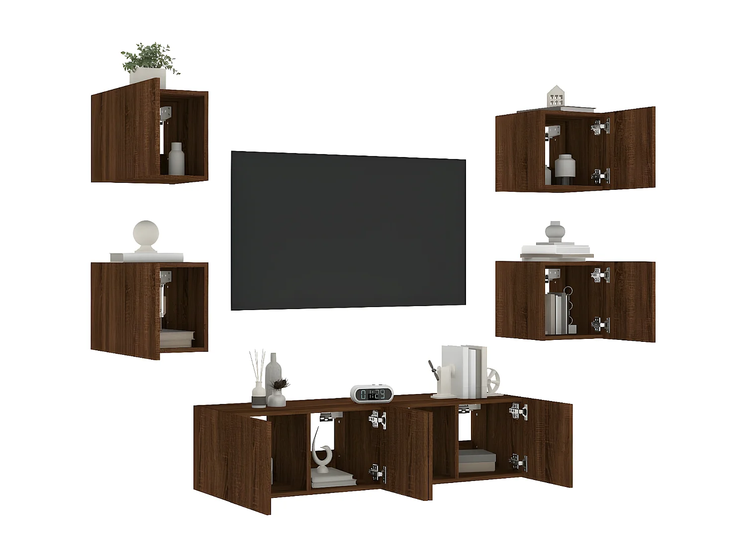 6-delige Tv-wandmeubelset met LED bewerkt hout bruineikenkleur NL93673