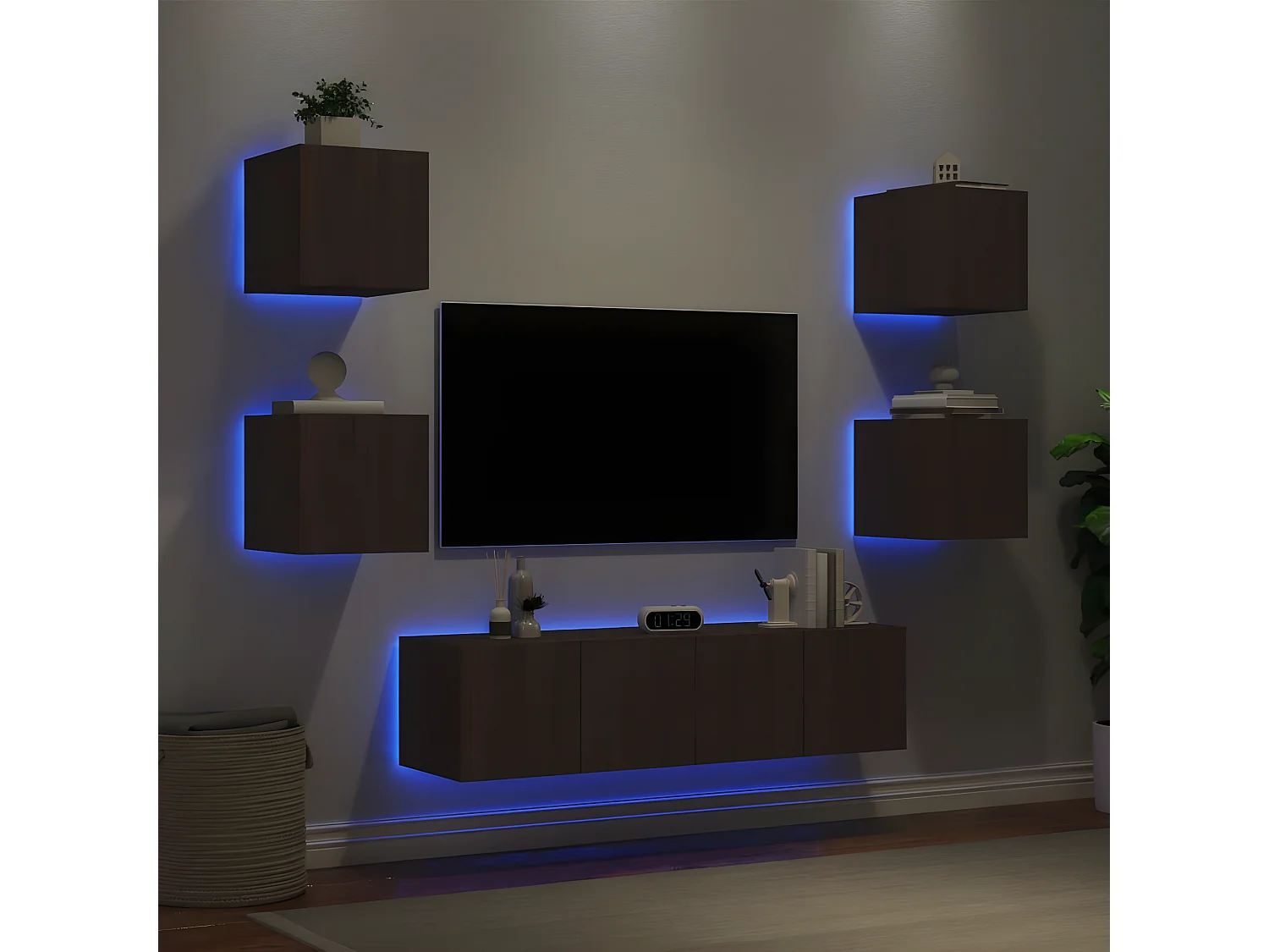 6-delige Tv-wandmeubelset met LED bewerkt hout bruineikenkleur NL93673