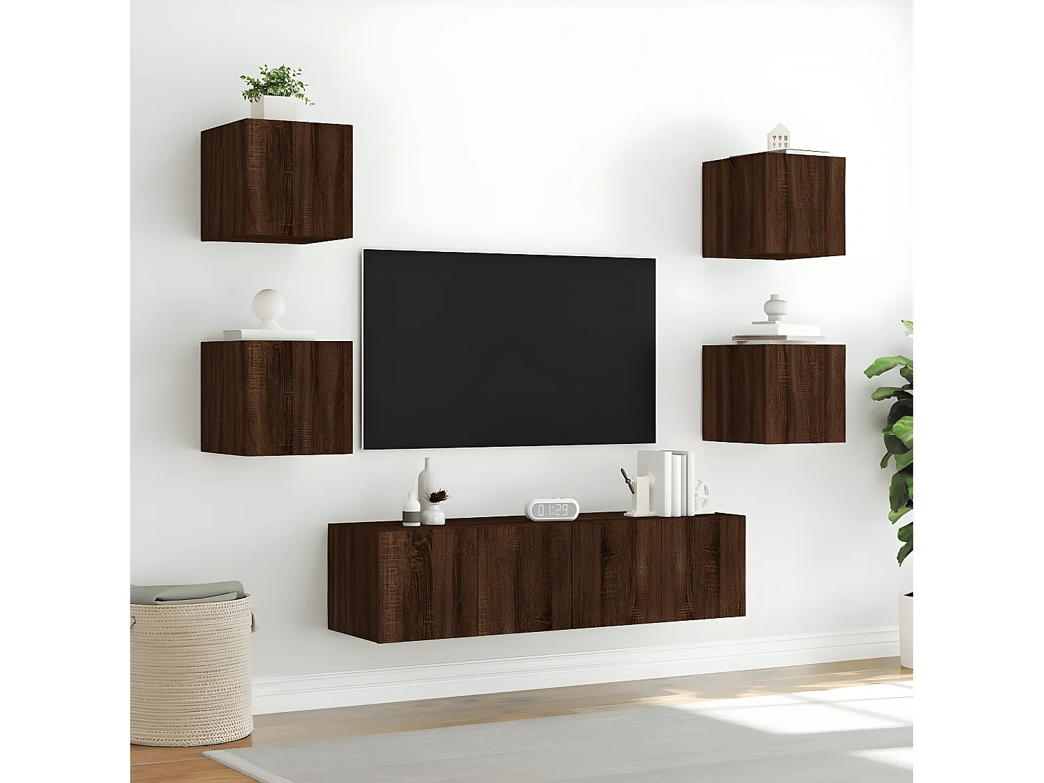 6-delige Tv-wandmeubelset met LED bewerkt hout bruineikenkleur NL93673