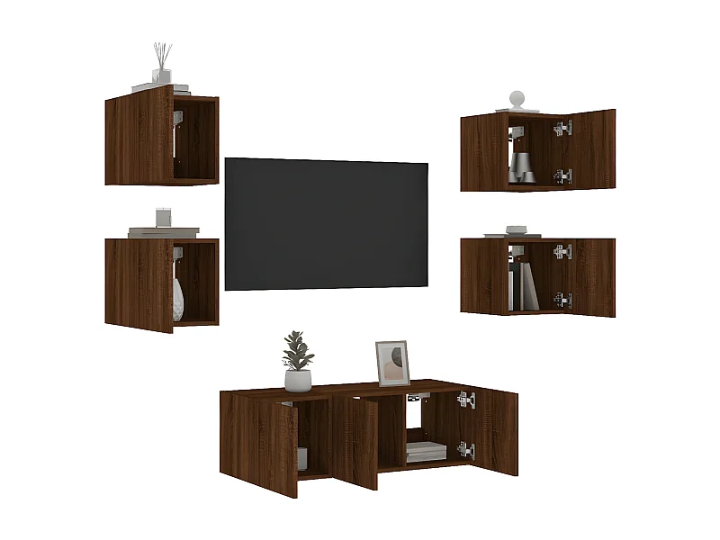 6-delige Tv-wandmeubelset met LED bewerkt hout bruineikenkleur NL83556