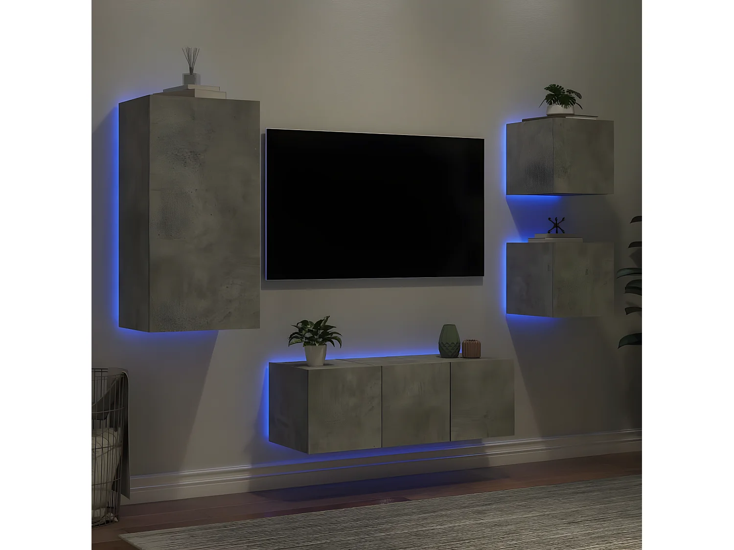 Ensemble de meuble TV avec LED 5 pcs gris béton bois d'ingénierie WET1629