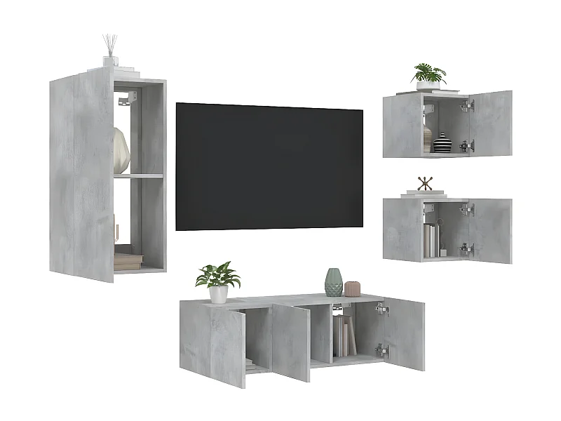 Ensemble de meuble TV avec LED 5 pcs gris béton bois d'ingénierie WET1629