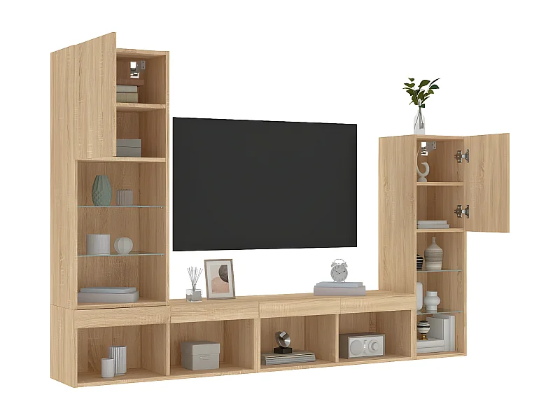 Muebles TV pared con LED 4 pzas madera ingeniería roble Sonoma ES73184