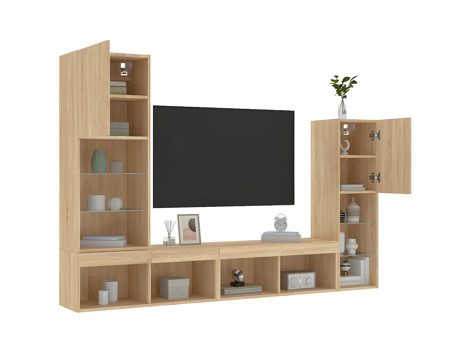 4-delige Tv-wandmeubelset met LED bewerkt hout sonoma eiken NL82195
