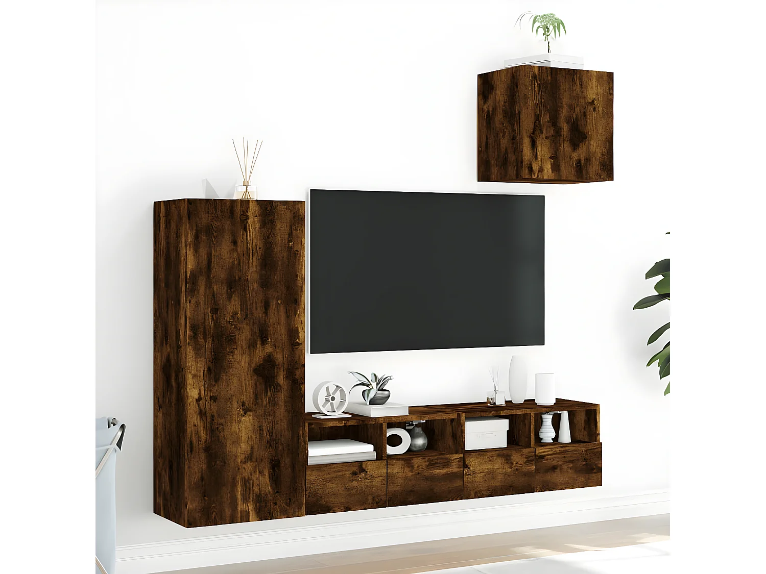 Muebles TV de pared 4 pzas madera ingeniería roble ahumado ES72562