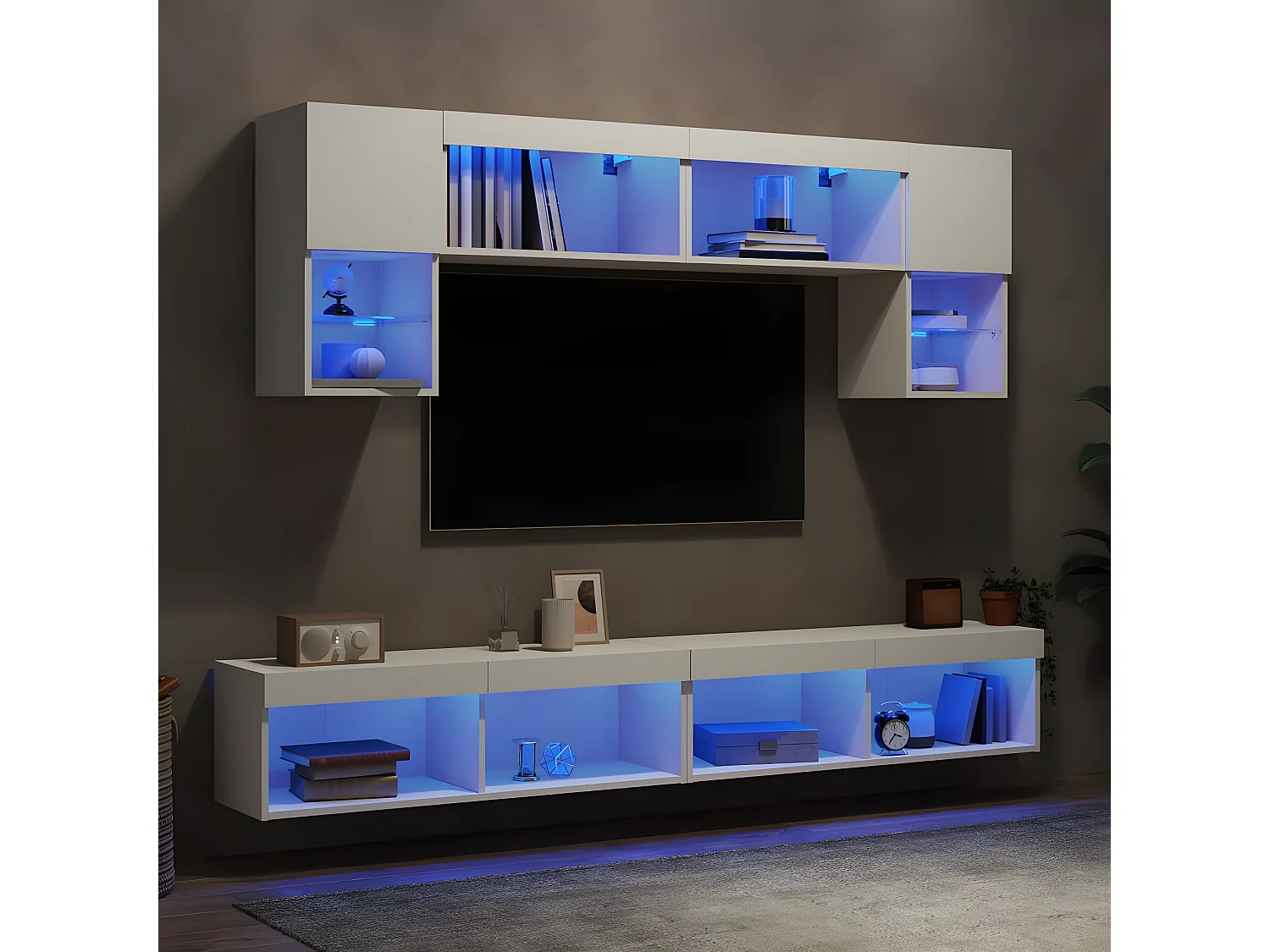Muebles TV de pared con LED 6 pzas madera ingeniería blanco ES67569