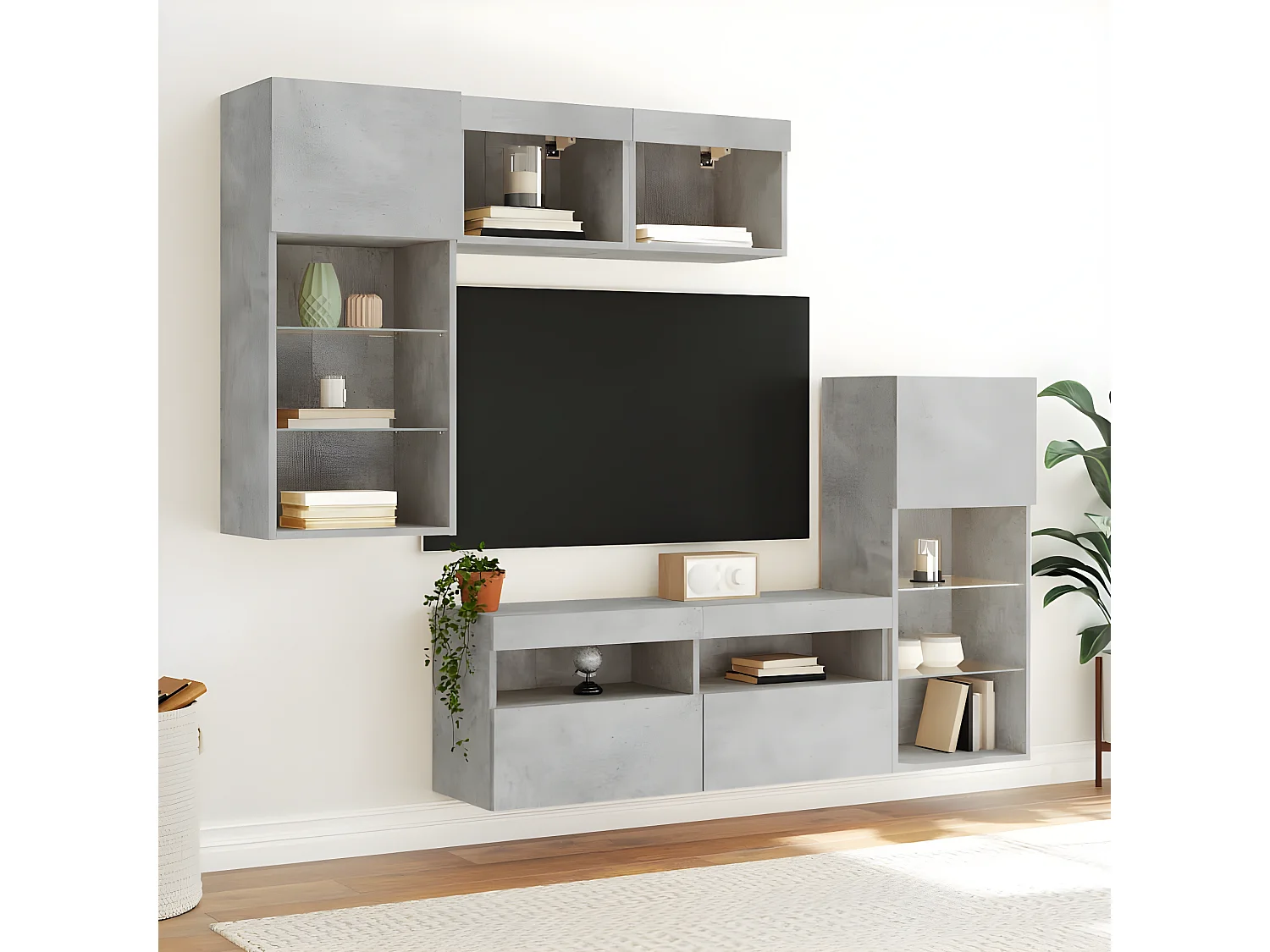 5-delige Tv-wandmeubelset met LED bewerkt hout betongrijs NL125171