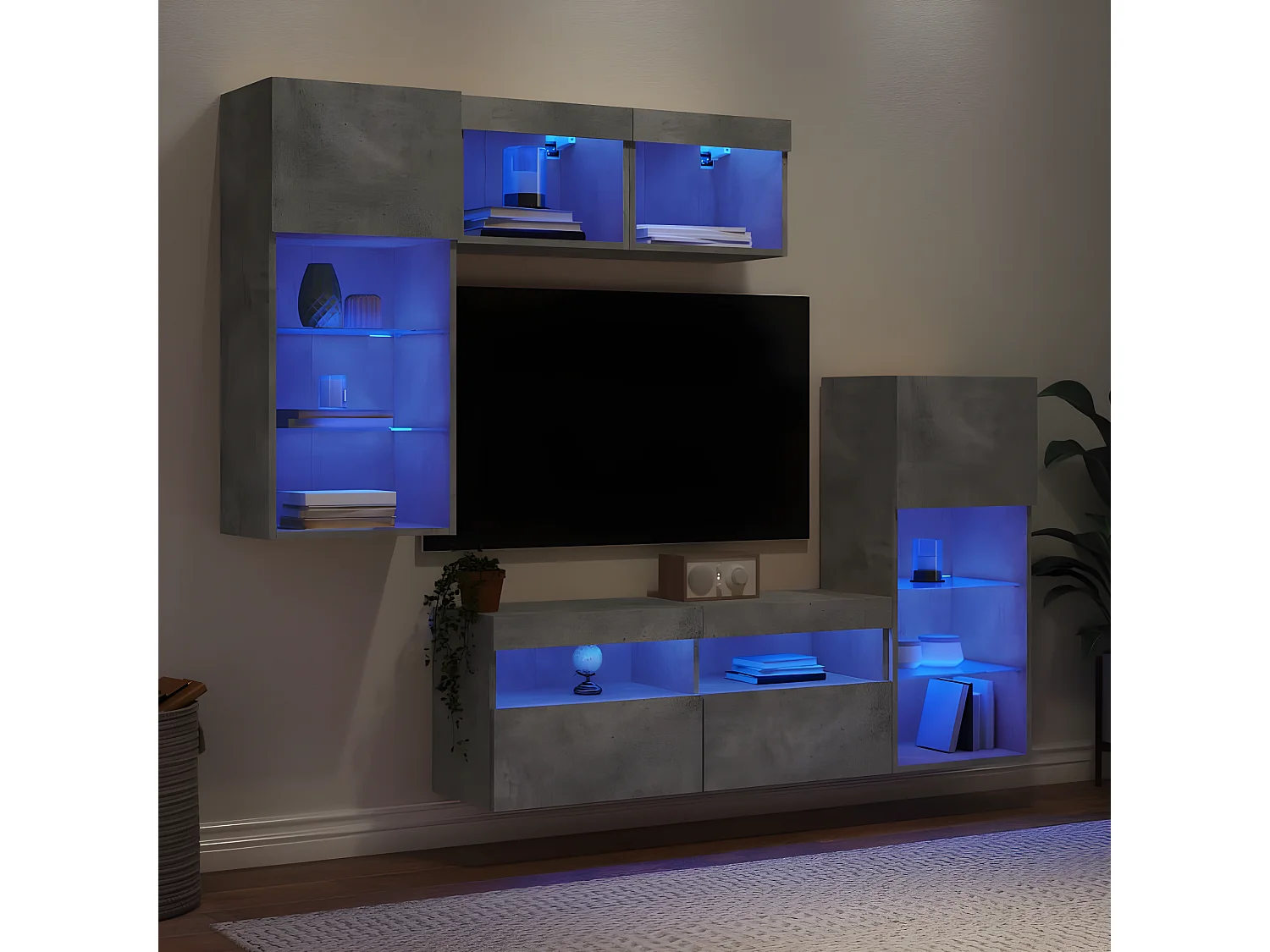 5-delige Tv-wandmeubelset met LED bewerkt hout betongrijs NL125171