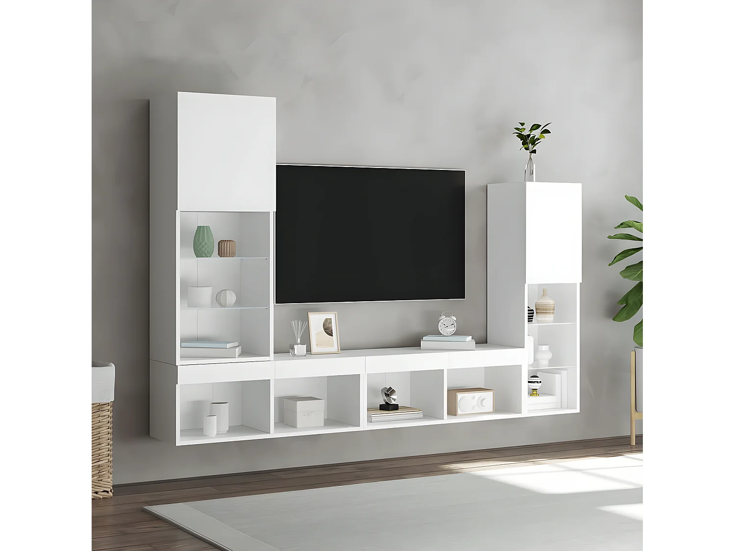 Ensemble de meuble TV avec LED 4 pcs blanc bois d'ingénierie WET4419