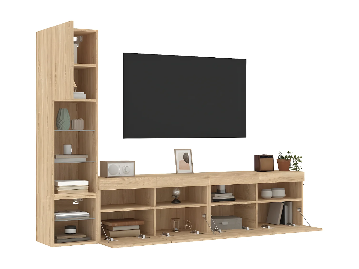 4-delige Tv-wandmeubelset met LED bewerkt hout sonoma eiken NL80923