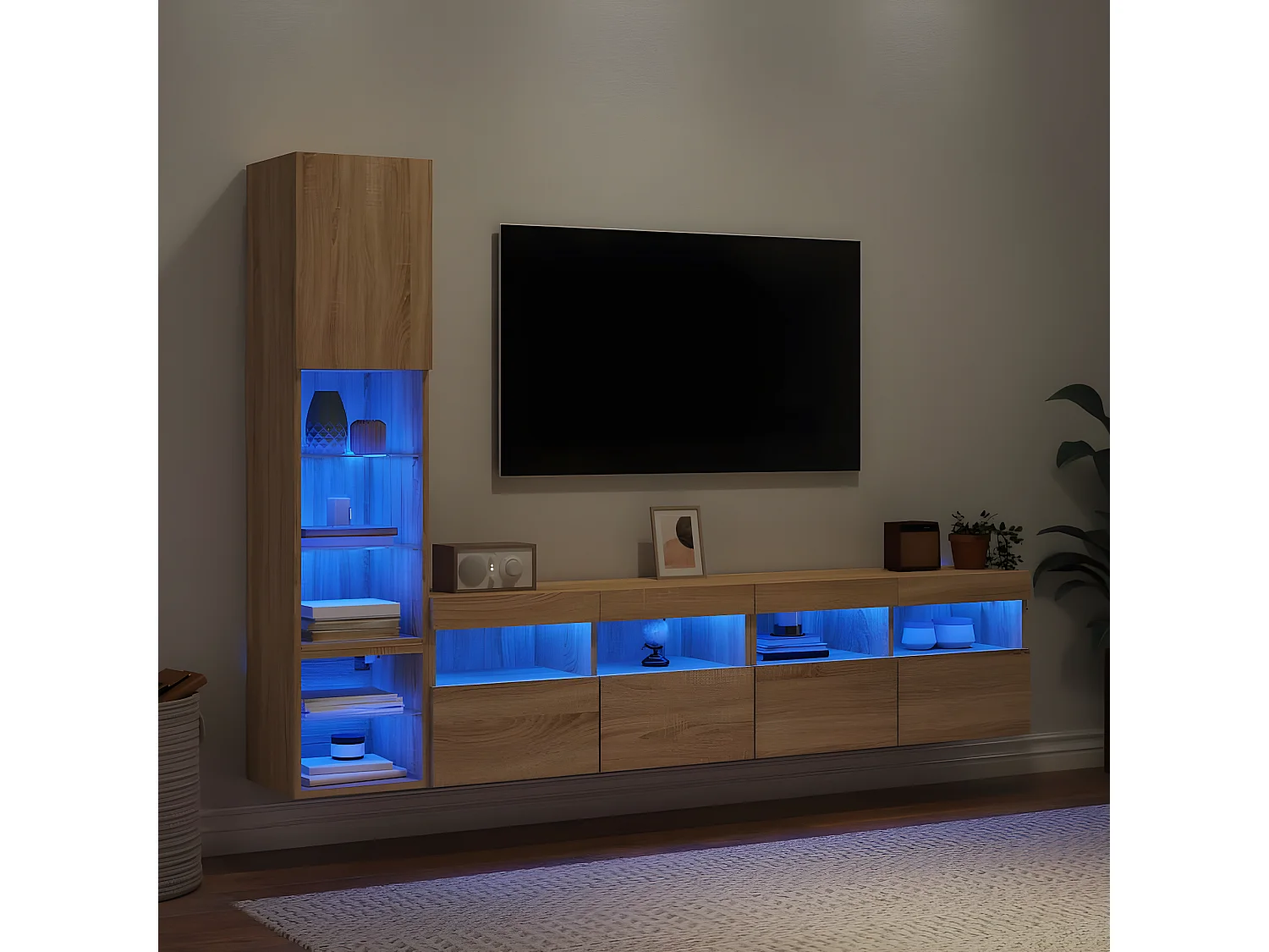 4-delige Tv-wandmeubelset met LED bewerkt hout sonoma eiken NL80923