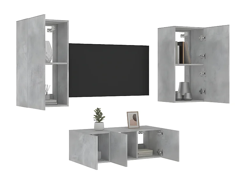 4 pcs móveis parede p/ TV c/ LEDs deriv. madeira cinza cimento PT488129