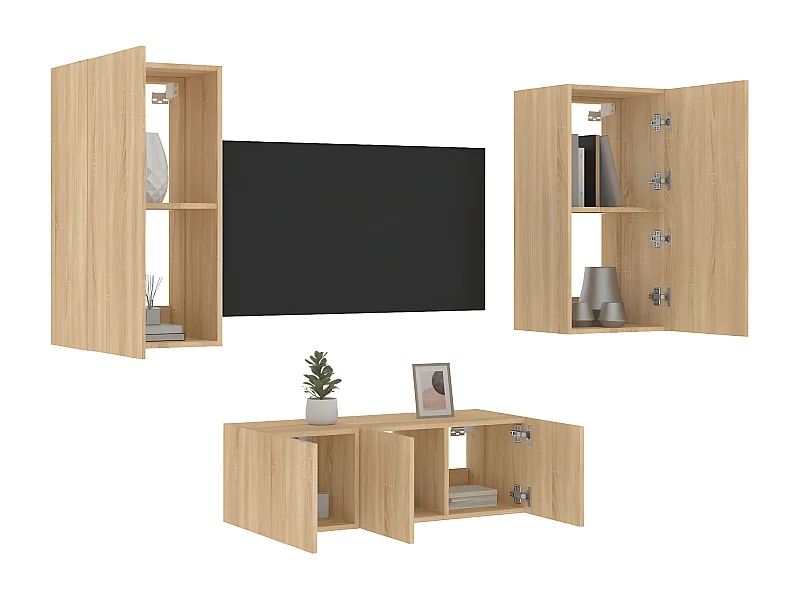 4-delige Tv-wandmeubelset met LED bewerkt hout sonoma eiken NL70799