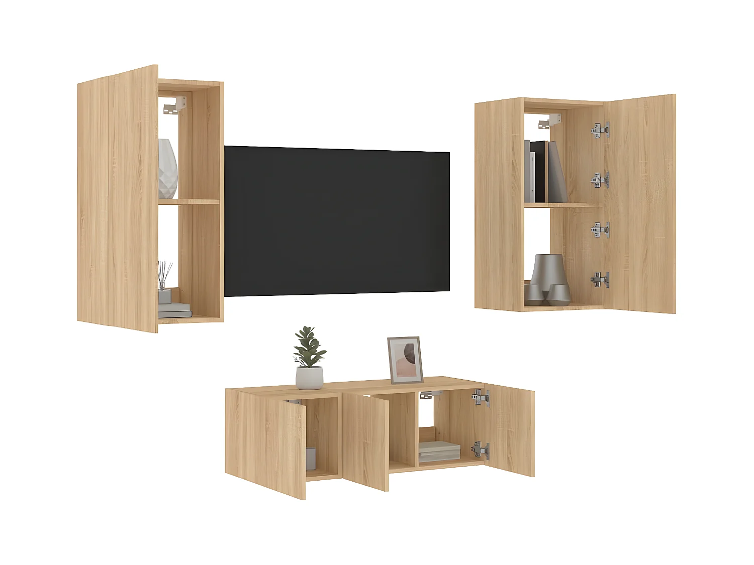 4-delige Tv-wandmeubelset met LED bewerkt hout sonoma eiken NL70799