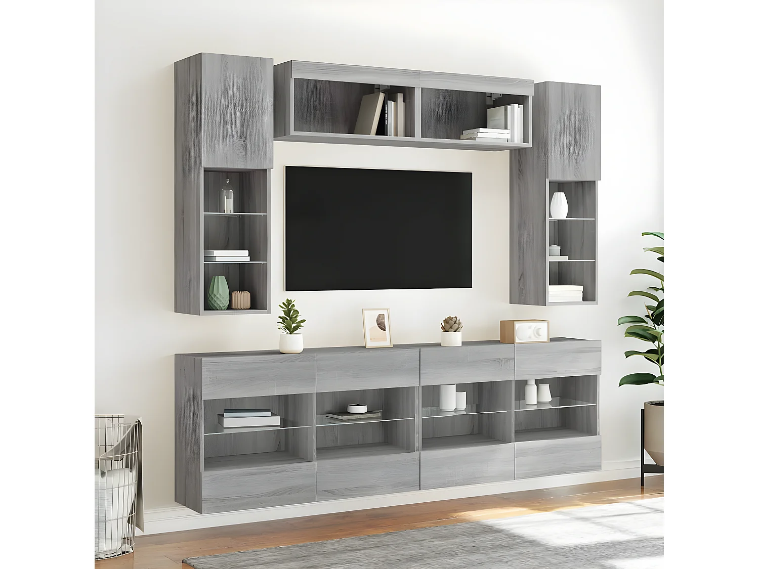 Muebles TV de pared con luces LED 6 piezas gris sonoma ES60869