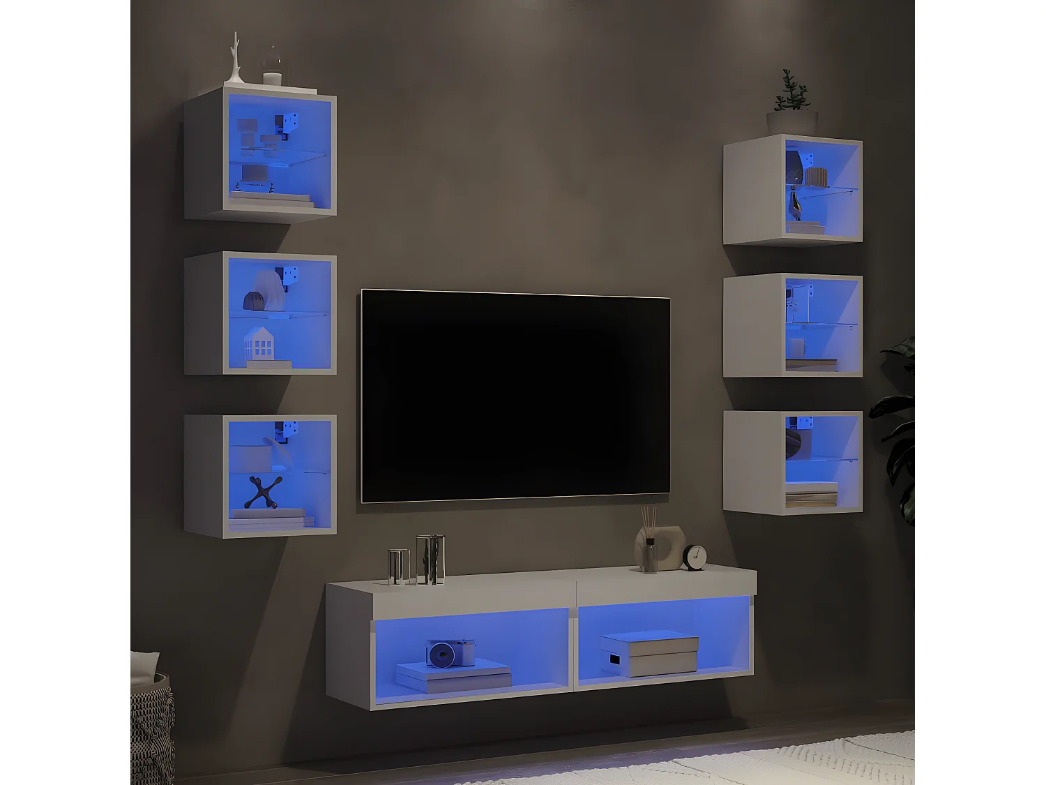 Ensemble de meuble TV avec LED 8 pcs blanc bois d'ingénierie WET7318