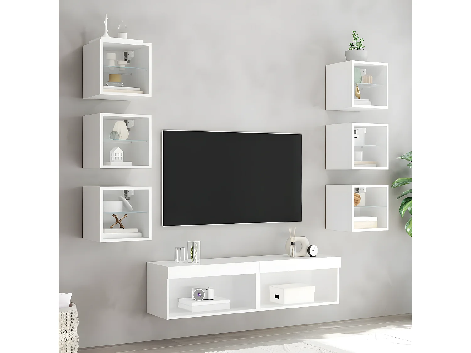 Ensemble de meuble TV avec LED 8 pcs blanc bois d'ingénierie WET7318
