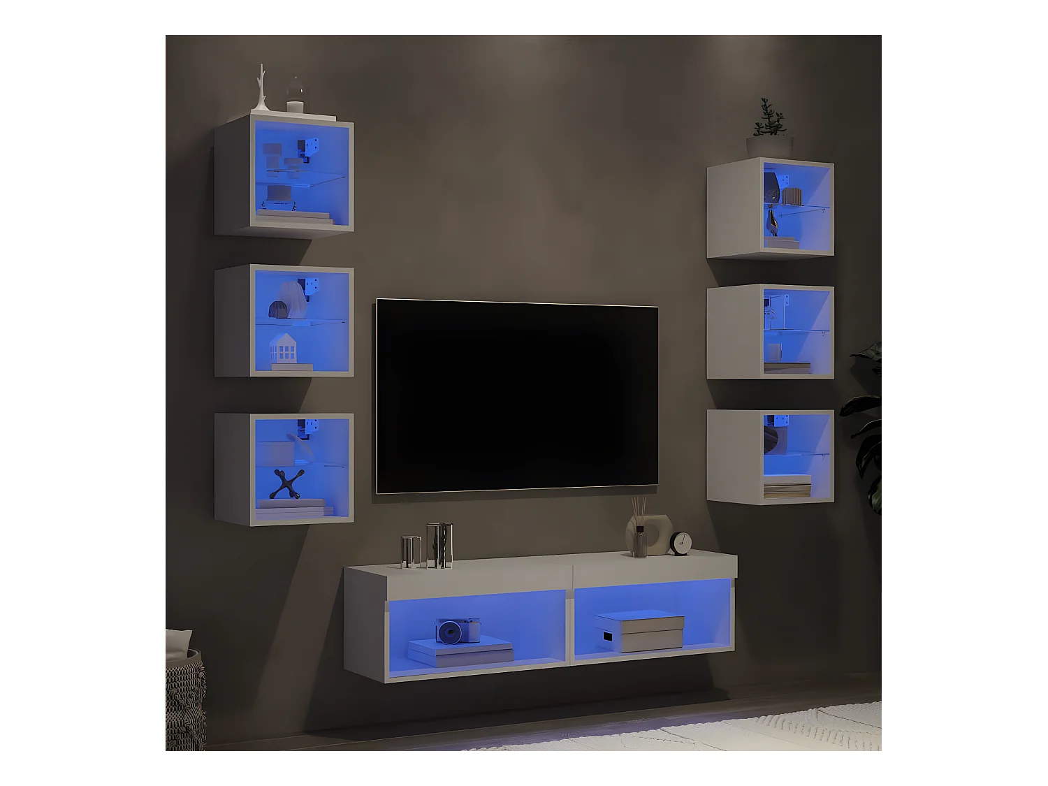 Ensemble de meuble TV avec LED 8 pcs blanc bois d'ingénierie WET7318