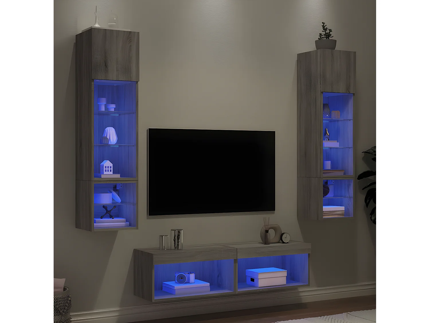 6 pcs móveis parede p/ TV c/ LEDs deriv. madeira cinza sonoma PT234034