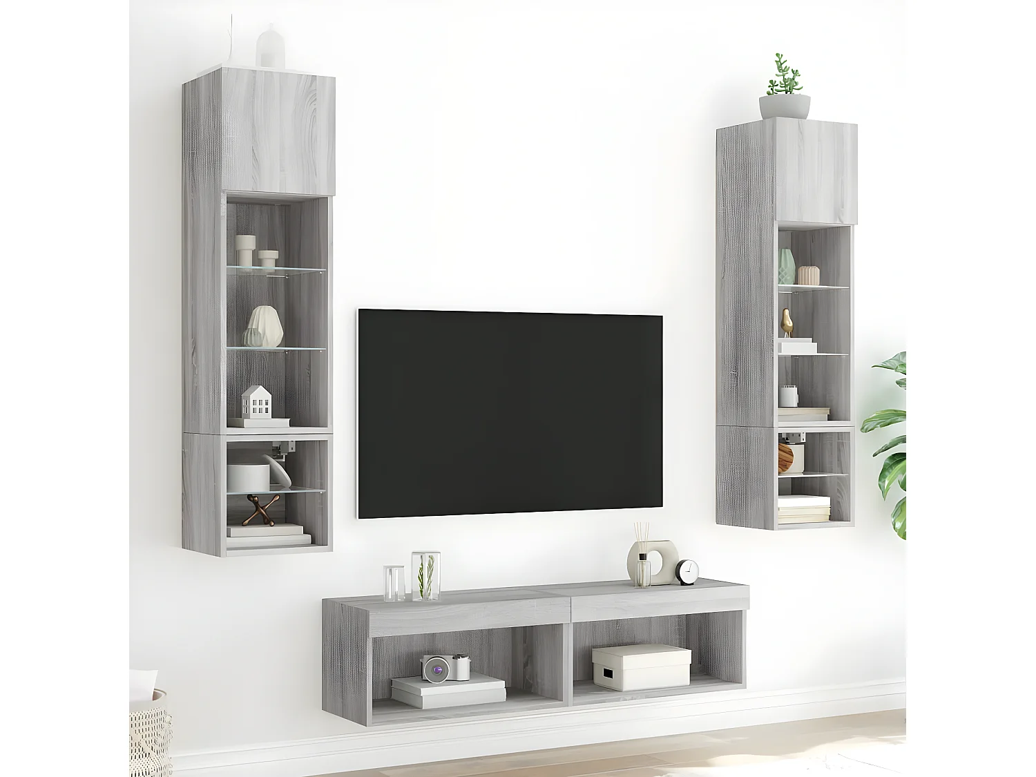 6 pcs móveis parede p/ TV c/ LEDs deriv. madeira cinza sonoma PT234034