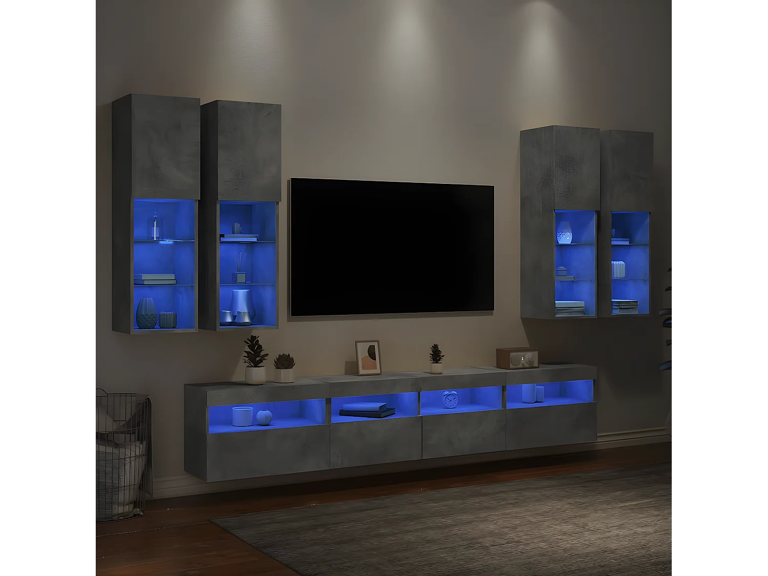Muebles TV de pared con luces LED 7 piezas gris hormigón ES21882