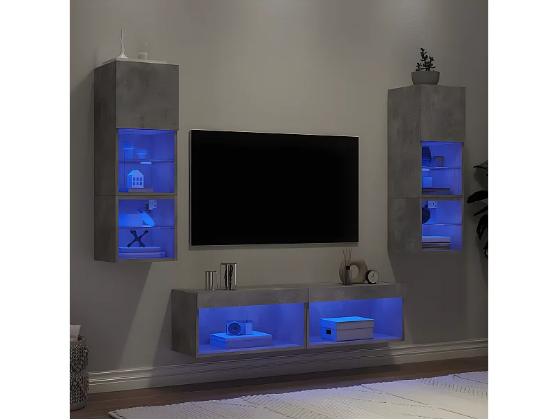 Mobili TV | Armadietti TV a Muro con LED 6pz Grigio Cemento Legno Multistrato