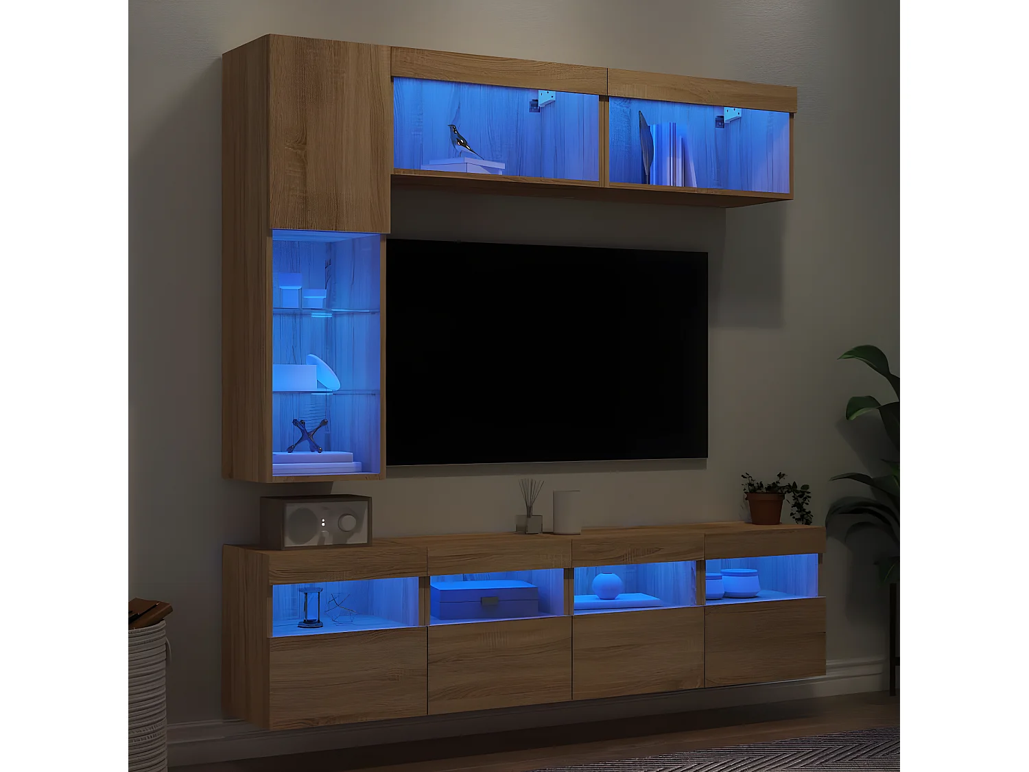 7 pcs conj. móveis de parede p/ TV c/ luzes LED carvalho sonoma PT850508
