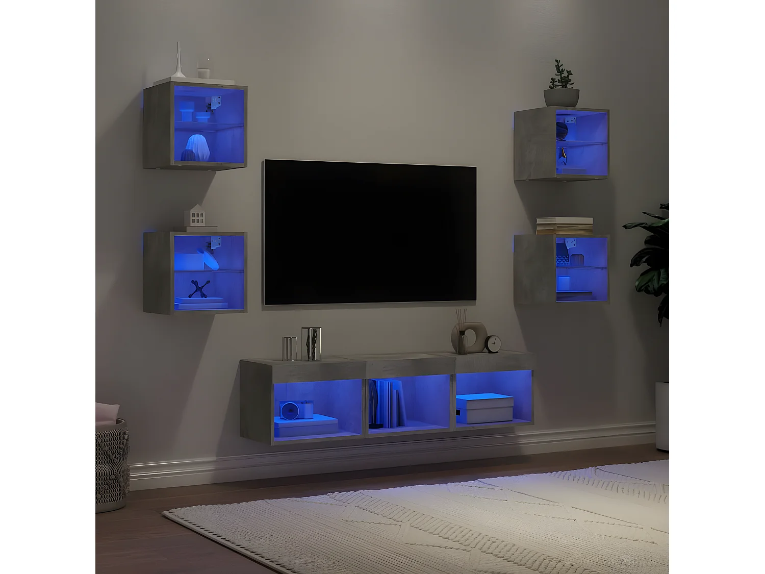 Ensemble de meuble TV avec LED 7 pcs gris béton bois d'ingénierie WET9553