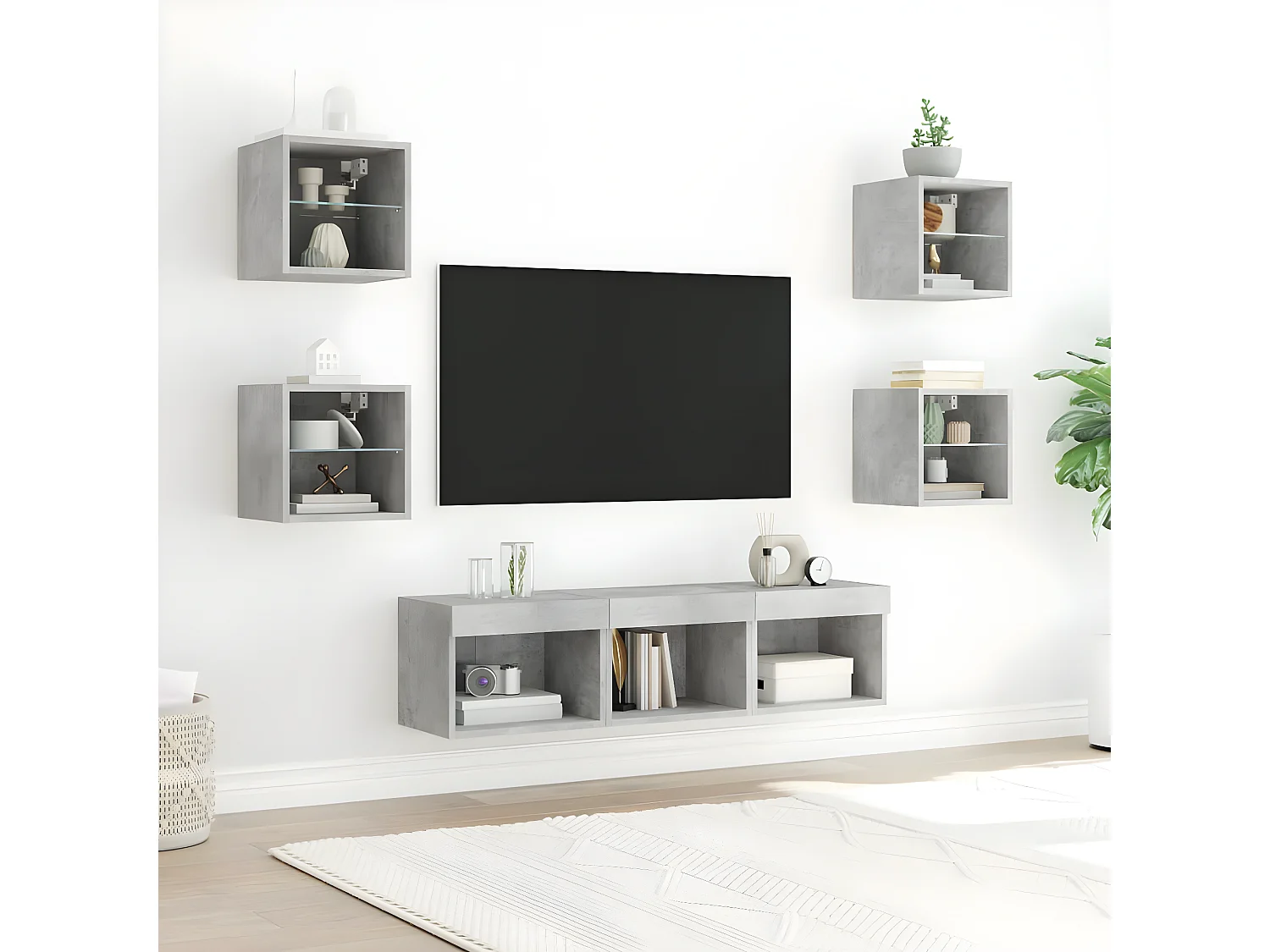 Ensemble de meuble TV avec LED 7 pcs gris béton bois d'ingénierie WET9553