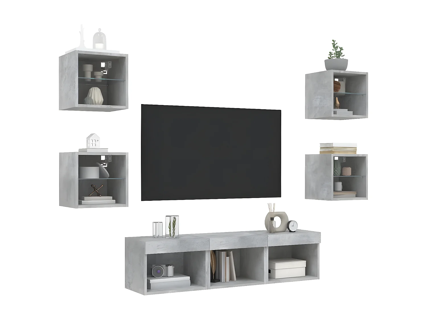 Ensemble de meuble TV avec LED 7 pcs gris béton bois d'ingénierie WET9553