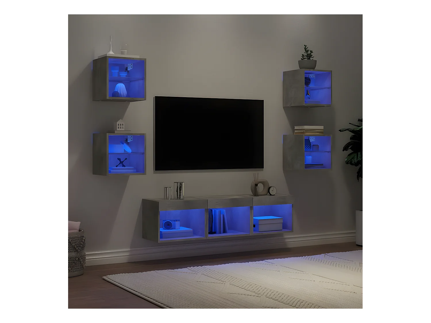 Ensemble de meuble TV avec LED 7 pcs gris béton bois d'ingénierie WET9553