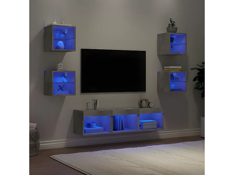 Ensemble de meuble TV avec LED 7 pcs gris béton bois d'ingénierie WET9553
