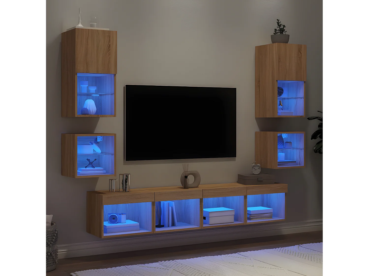 Muebles TV pared con LED 8 pzas madera ingeniería roble Sonoma ES55316