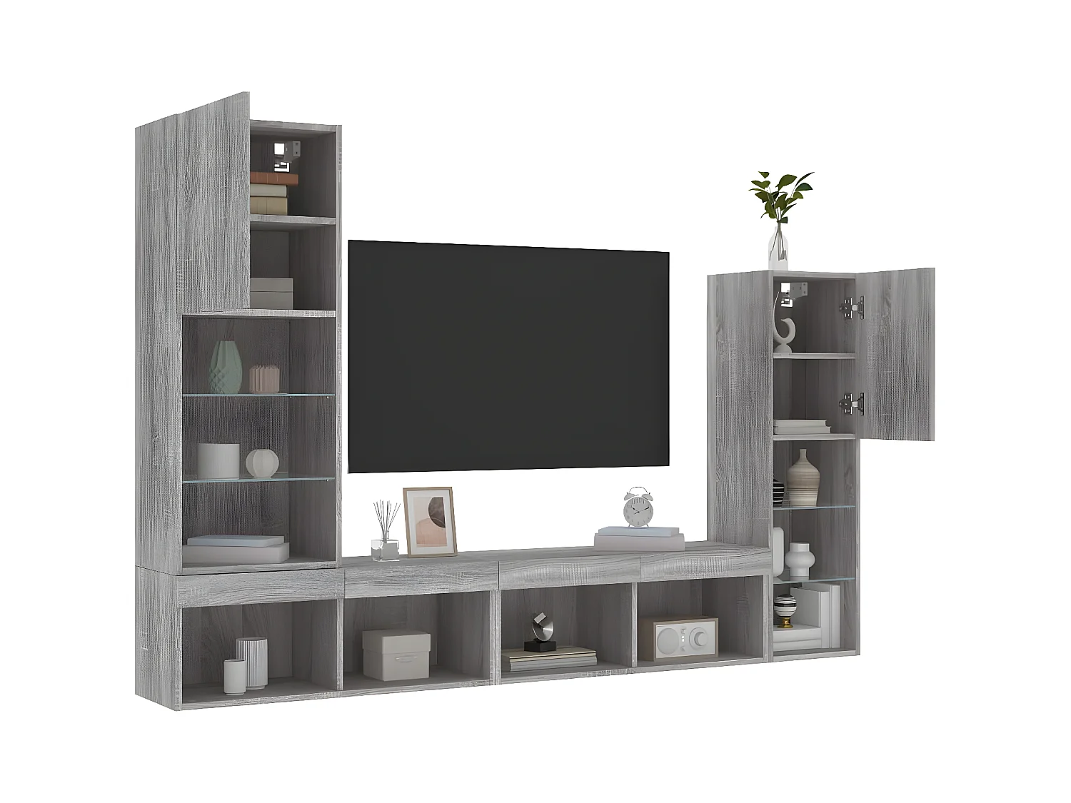 4-delige Tv-wandmeubelset met LED bewerkt hout grijs sonoma NL912403