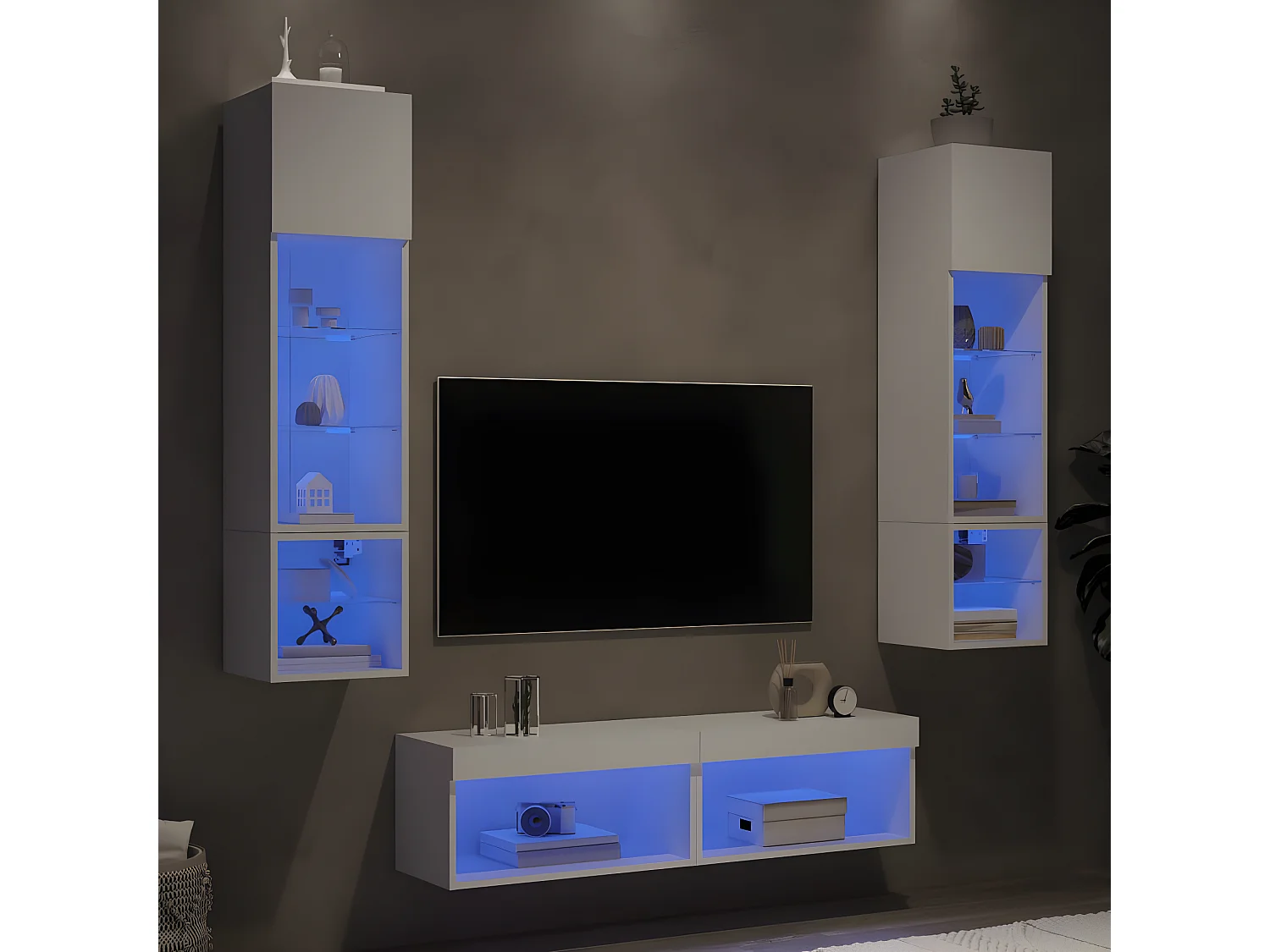 6-delige Tv-wandmeubelset met LED-verlichting bewerkt hout wit NL159763